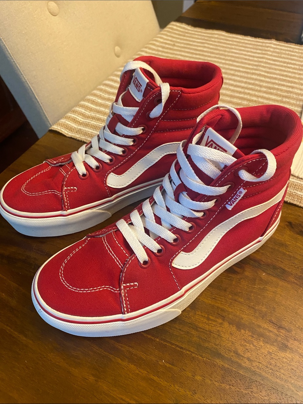 Vans Red and White Sk8-Hi Classic High-Top Sneakers